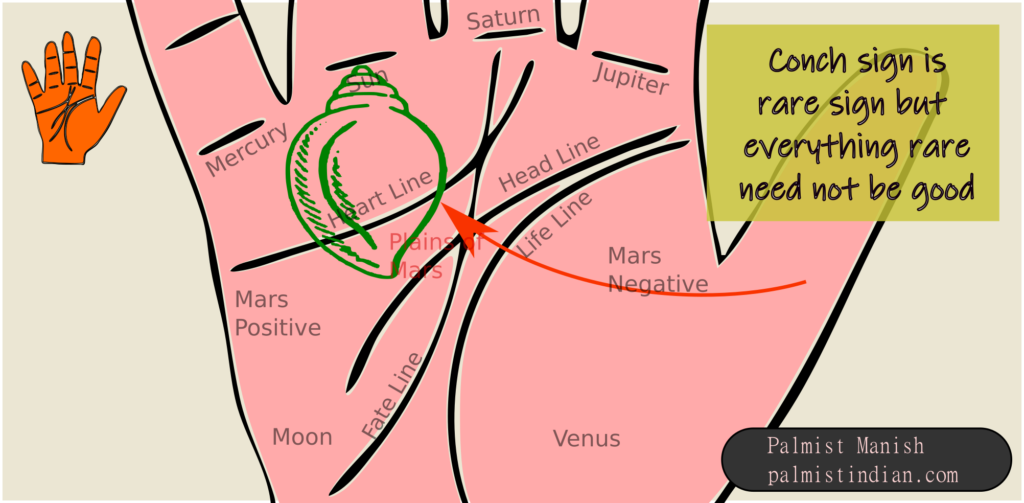 Conch produces a pearl/moti but conch in palmistry has no meaning. To complicate palmistry fake palmist use as a disguise to complicate palmistry for comman man.