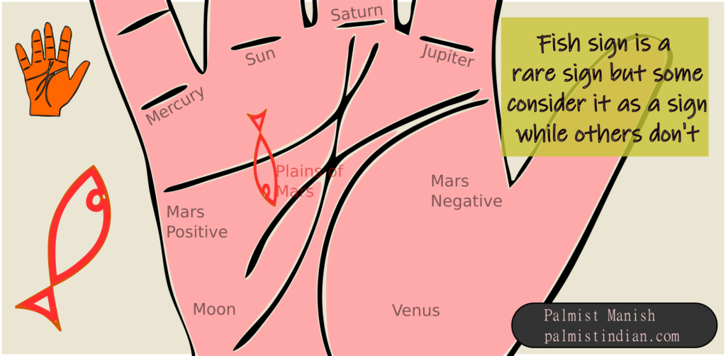 Most modern palmist consider fish sign to be a sign of riches position power respect and name and fame. I consider fish to be same as a island and island is a bad sign.