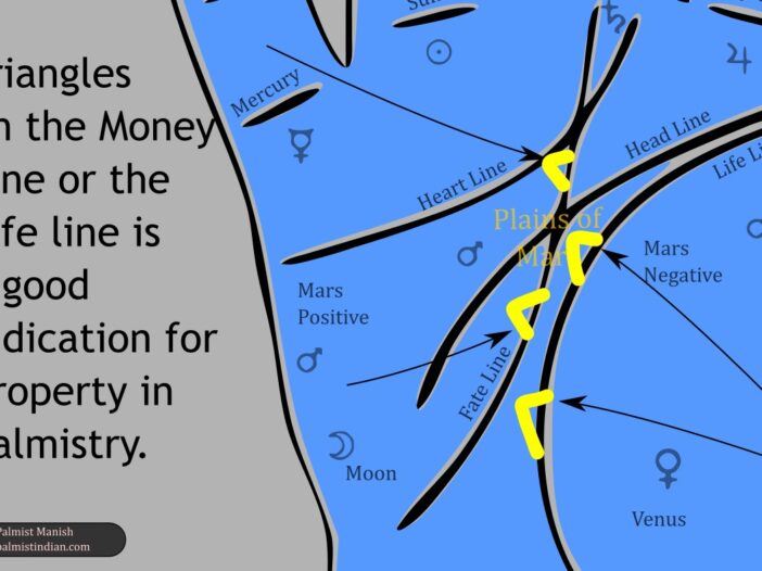 triangles on the life line or the fate line is a good indication for property